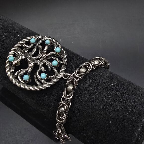 LEC Signed Tree Of Life Charm Bracelet Dark Silver Tone Chain Jewelry Boucher - Picture 4 of 10